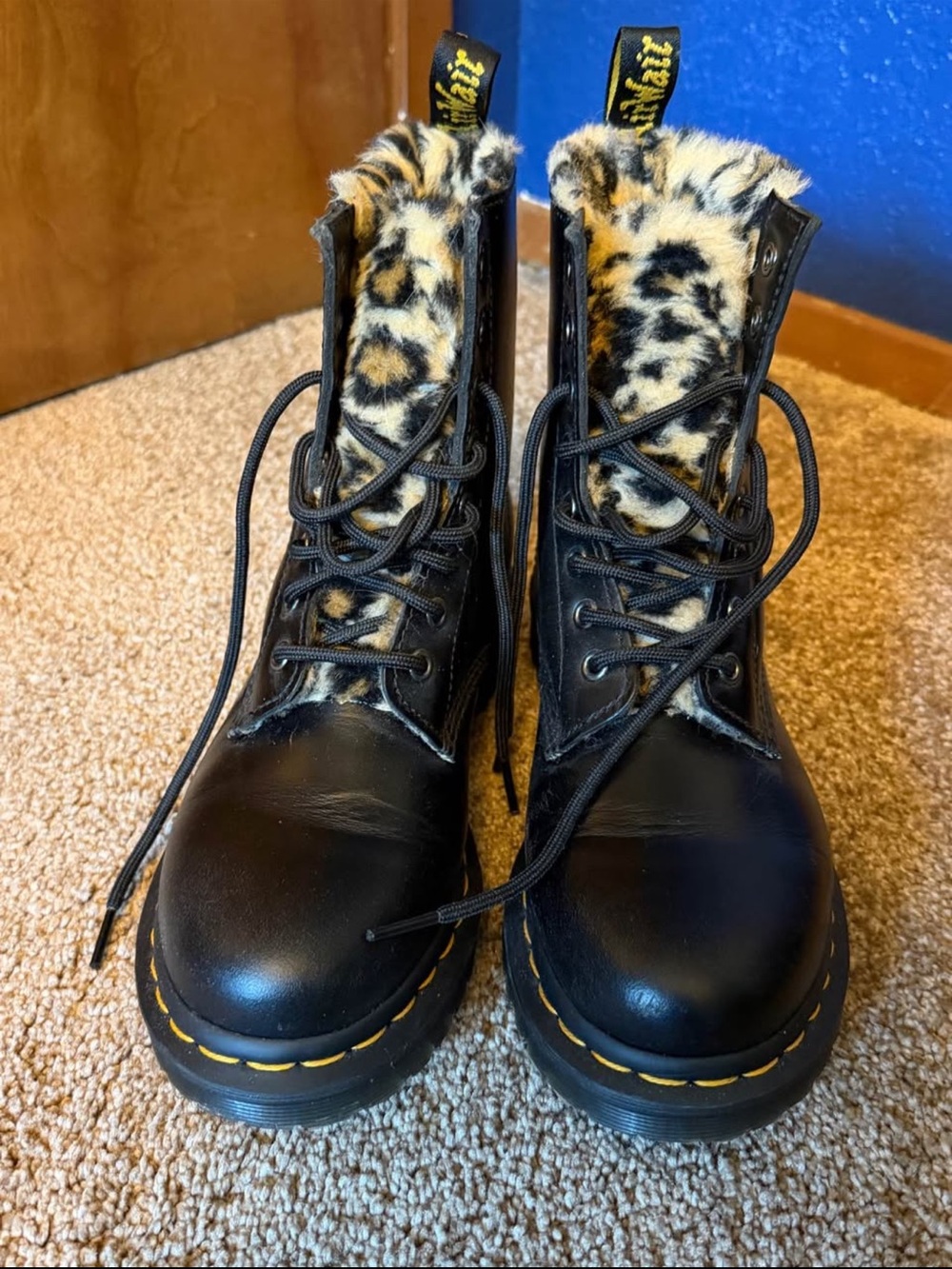 Dr. Martens Black Leather Lace-Up Boots with Leopard Faux-Fur Trim